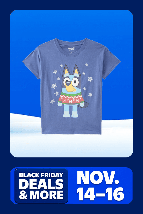 Image shows a blue Bluey toddler boys graphic tee featuring Bluey in a festive sweater on a blue background.