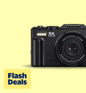 Image shows a black MARVUE digital camera with 5K Ultra HD and WiFi features on a light yellow background.