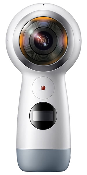 Samsung-Gear-360-camera Samsung Gear 360 degree camera - front view of Samsung gear 360 camera showing camera face and record button