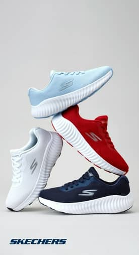 Four single Skechers slip-on lace-up sneakers are shown. One white, one red, one baby blue and one navy blue.