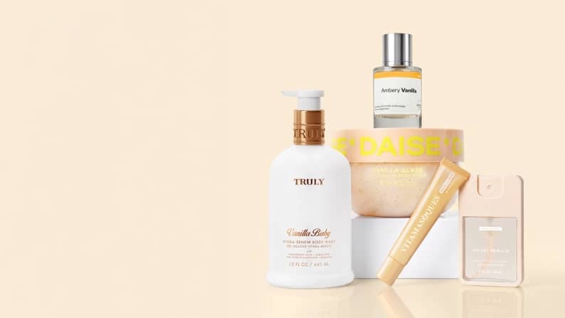 Truly Vanilla Baby lotion with Amber Vanilla fragrance, jar, tube and spray bottle arranged together.
