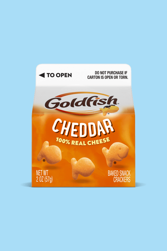 Image shows Goldfish Cheddar Cheese Crackers, 2 oz Carton
