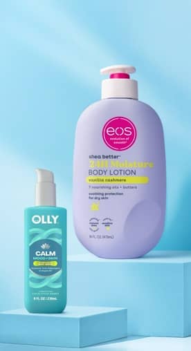 eos body lotion alongside OLLY calm mood body oil.