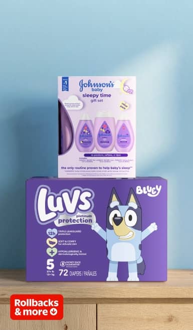 Rollbacks and more badge. Johnson’s baby bath, lotion and shampoo sleepy time gift set, Luv’s platinum protection Bluey 72 count diapers.