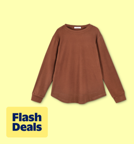 Image shows a brown Fantaslook crewneck sweatshirt with long sleeves on a yellow background.