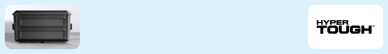 An image of a black toolbox on a grey background, next to the Hyper Tough logo.