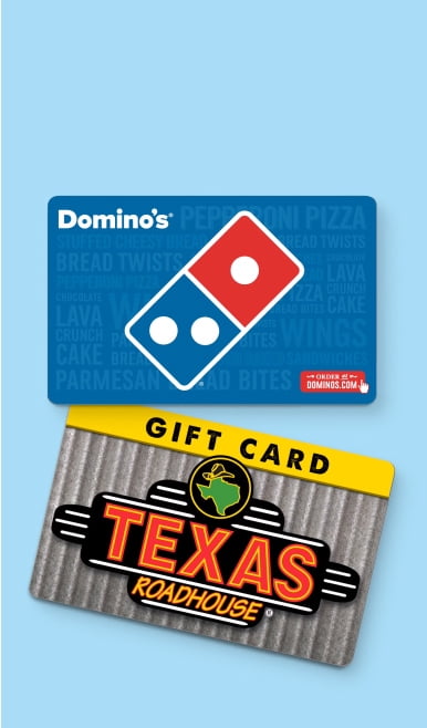An image of a Texas Roadhouse and Domino’s gift card on a blue background.