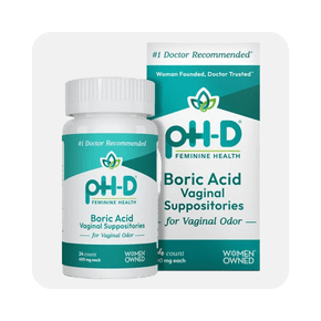 Image shows a pH-D Feminine Health boric acid vaginal suppositories package and bottle on a white background.
