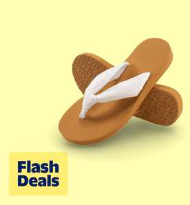 Flash deals. Image shows brown Ecetana flip flops with white straps, designed for comfort, placed on a light yellow background.