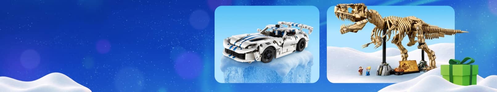 Toy race car on icy platform and wooden style dinosaur skeleton model with small figures and a green gift box.