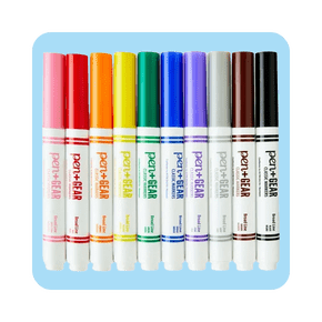 Array of multicolor Pen+Gear markers against a light blue background