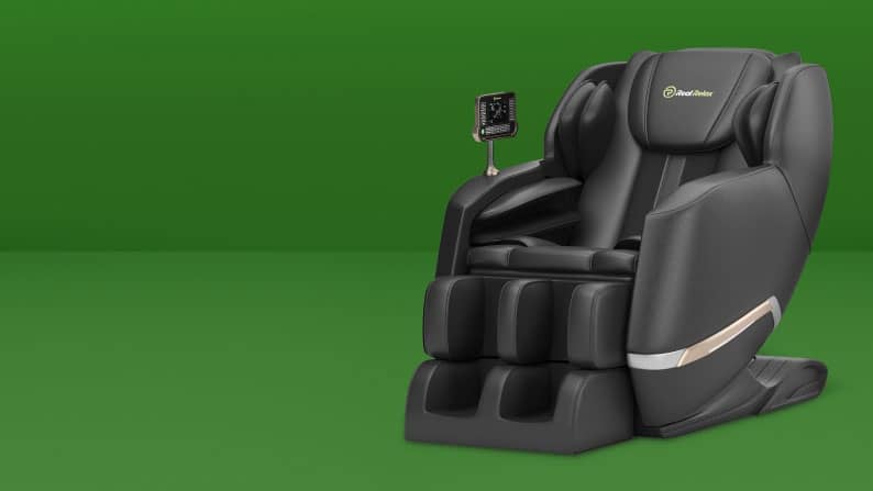A plush massage chair with tablet controller built in.
