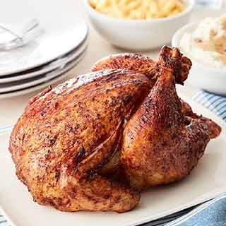 Whole rotisserie chickens.
