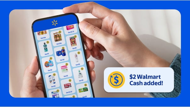 A person holds a phone showing a Walmart shopping rewards app with product icons and a badge reading: $2 Walmart Cash added.
