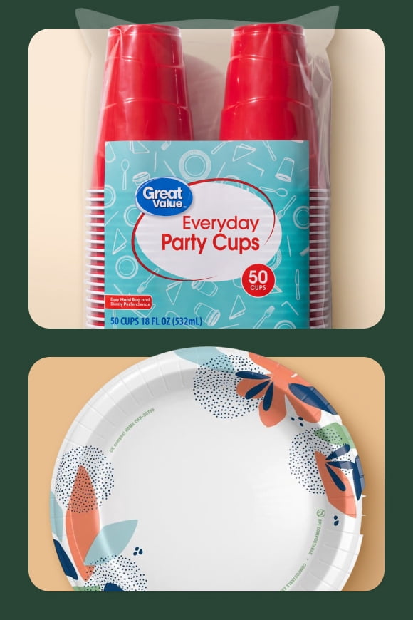 Great Value Everyday Party Cups pack with fifty red cups and a white paper plate with colorful floral rim.