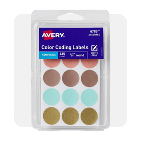 Image shows Avery removable color coding labels in assorted metallic colors, packaged in a clear plastic case with a white background.