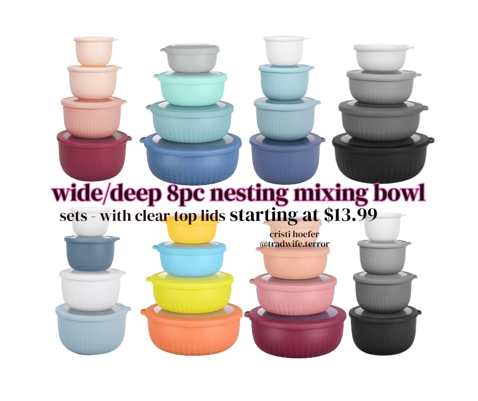 WIDE/DEEP 8piece nesting mixing bowl sets!
with clear tops, freezer and dishwasher safe!
Starting @ 13.99
Loooove the color options., Shop post,