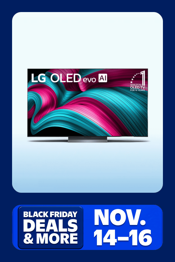 Image shows a black LG sixty-five-inch OLED television with vibrant colors on a light blue background, surrounded by a dark blue border.