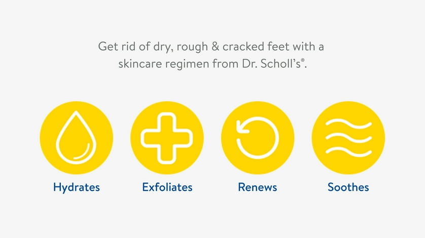 Text reads, get rid of dry, rough and cracked feet with a skincare regimen from Dr. Scholl's.