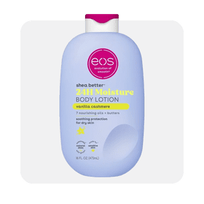 Image shows a purple bottle of eos vanilla cashmere body lotion on a light grey background.