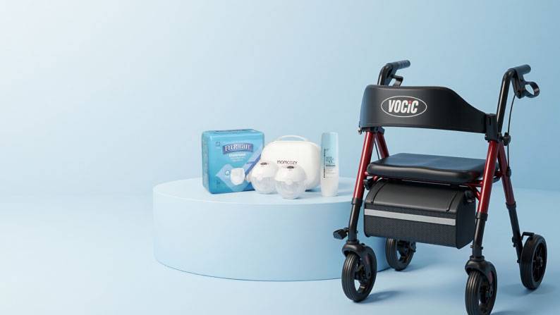 A walker is displayed next to a series of personal care products including disposable underwear, a breast pump and a bottle of moisturizer.