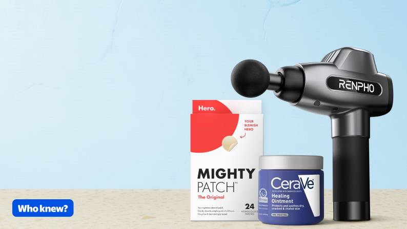 The Mighty Patch acne care, CeraVe Healing Ointment & RENPHO massage gun.