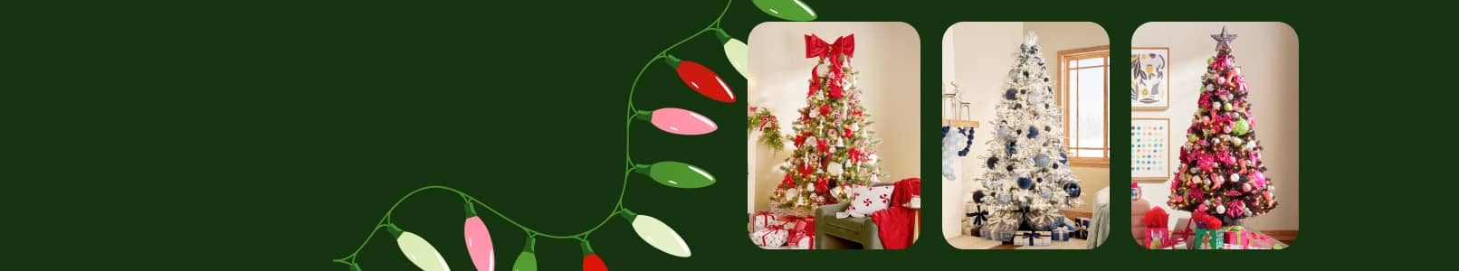 Different trees shown featuring traditional decoration style, blue & white decor, plus a tree with neon ornaments.