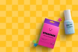 Starface Pimple Patches and Elf Thirst Burst Drops on yellow checkered background.