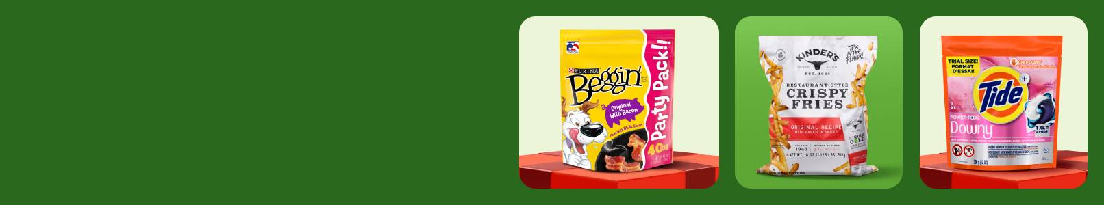 Beggin’ dog treats, Kinder’s crispy fries and Tide detergent pods.