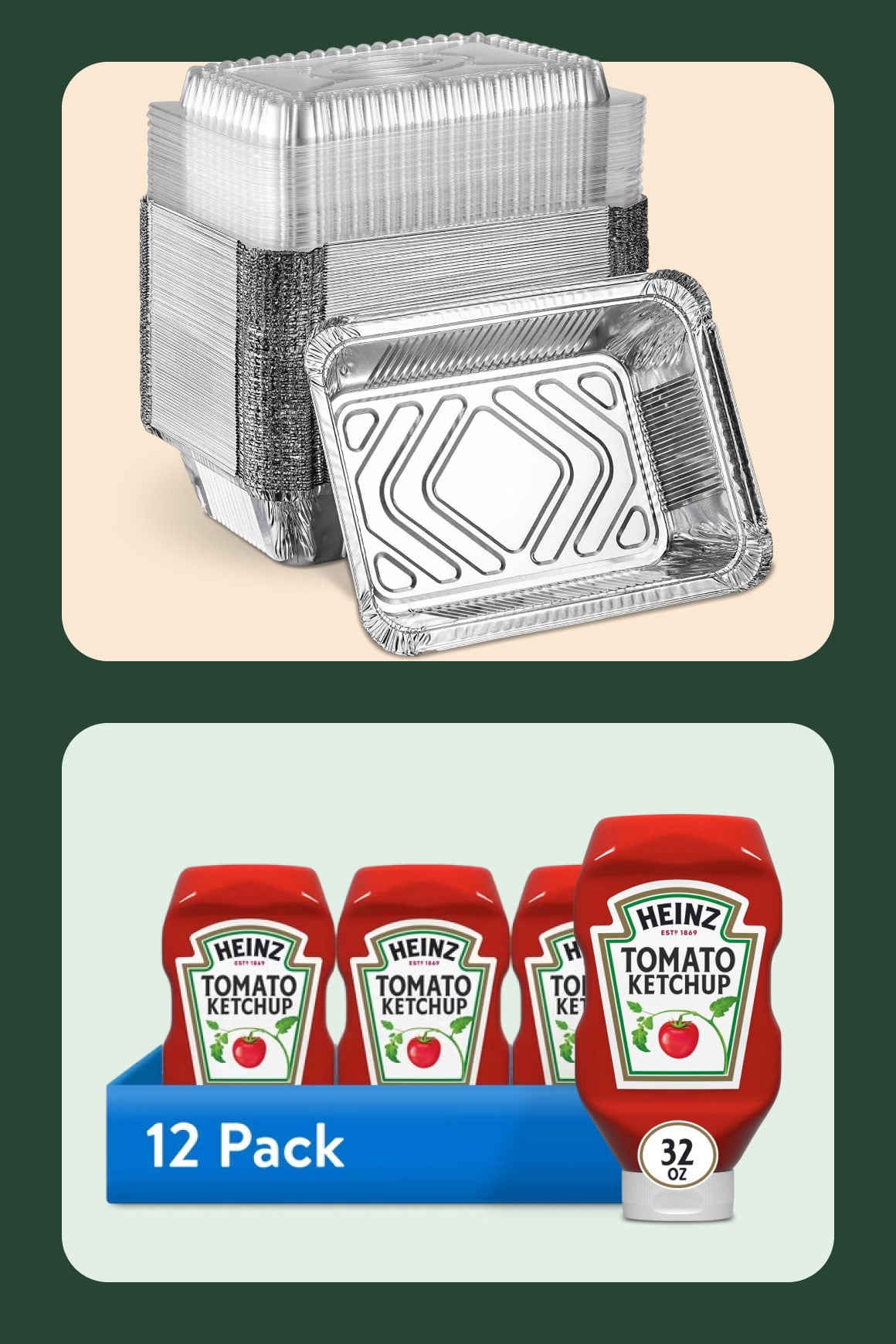 There are two images, one above the other. Above, tinfoil dishes have been stacked in a neat pile. Below is a twelve-pack of Heinz ketchup bottles.
