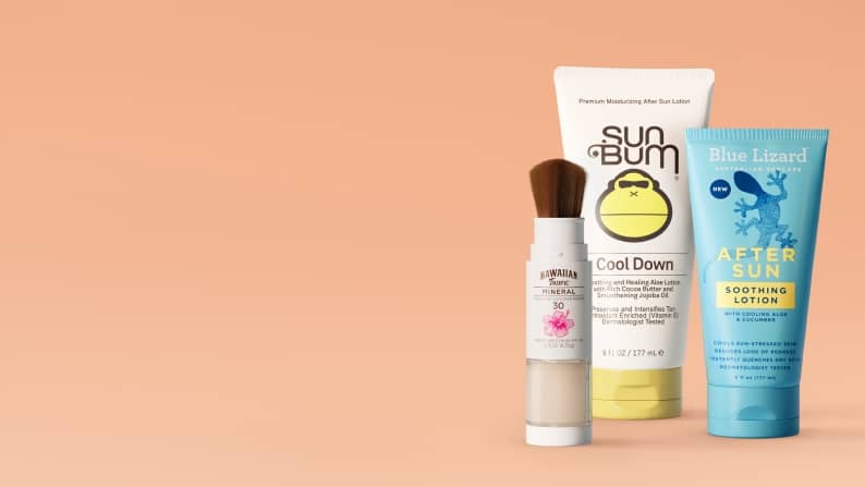 A banner with text New suncare is here featuring Sun Bum and more with three suncare products lined up against a peach background.
