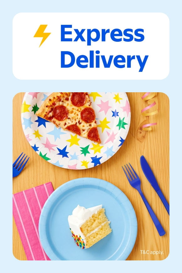 Express Delivery. T&C apply. Colorful star-design plate with a pizza slice and a blue plate with a cake slice.