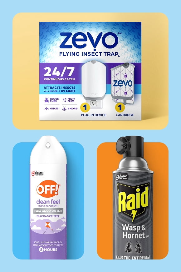 Top, Zevo flying insect trap, bottom Off Clean Feel, Raid Wasp and Hornet spray.