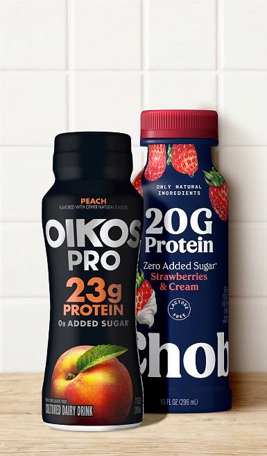 A bottle of Oikos Pro yogurt drink and a bottle of Chobani protein yogurt are shown.