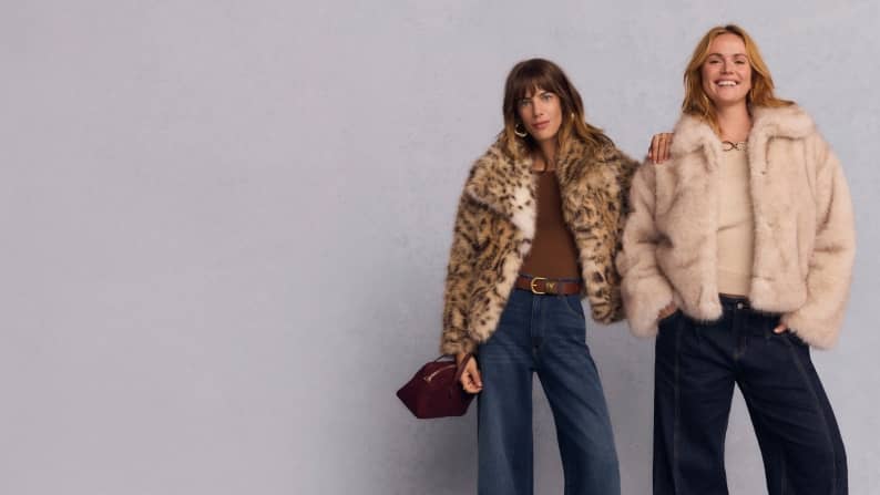 Two women are shown. One wears Jessica Simpson round collar faux fur leopard print jacket. The other wears Time and Tru plush faux fur ivory jacket.