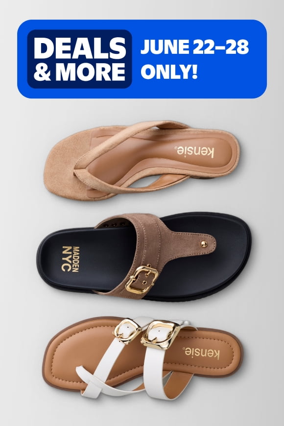 A pair of flip flops & two other sandals.