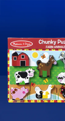 Image shows a colorful Melissa & Doug farm-themed wooden chunky puzzle with eight pieces on a blue background.