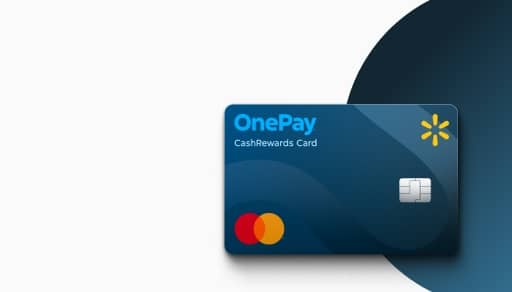 An image of a blue credit card on a blue background. Card says: OnePay CashRewards Card, with two orange circles, a yellow spark, and a silver chip.