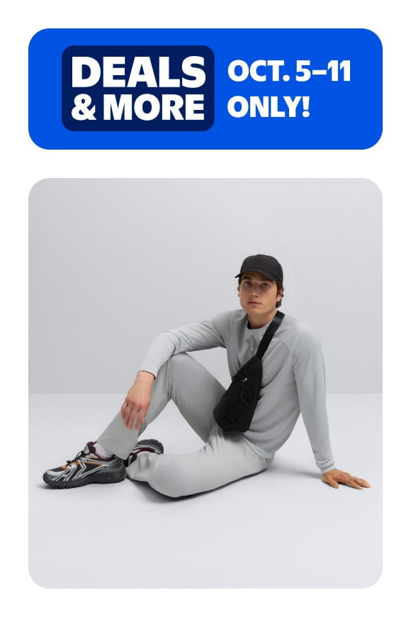Deals and More badge reads: Oct. five through eleven only. Adult in gray outfit with black cap, crossbody bag and sneakers sits on floor.