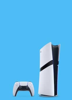 A PlayStation 5 console against a blue background.