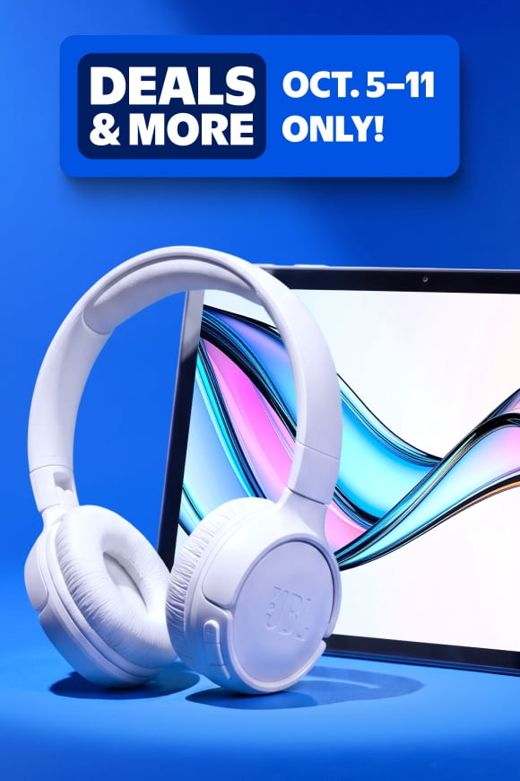 Deals and More badge reads: Oct. five through eleven only. White JBL over ear headphones in front of a tablet with abstract waves.
