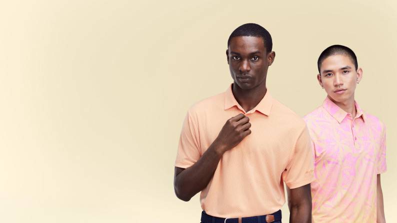 Two young men are shown, each wearing golf polo shirts.