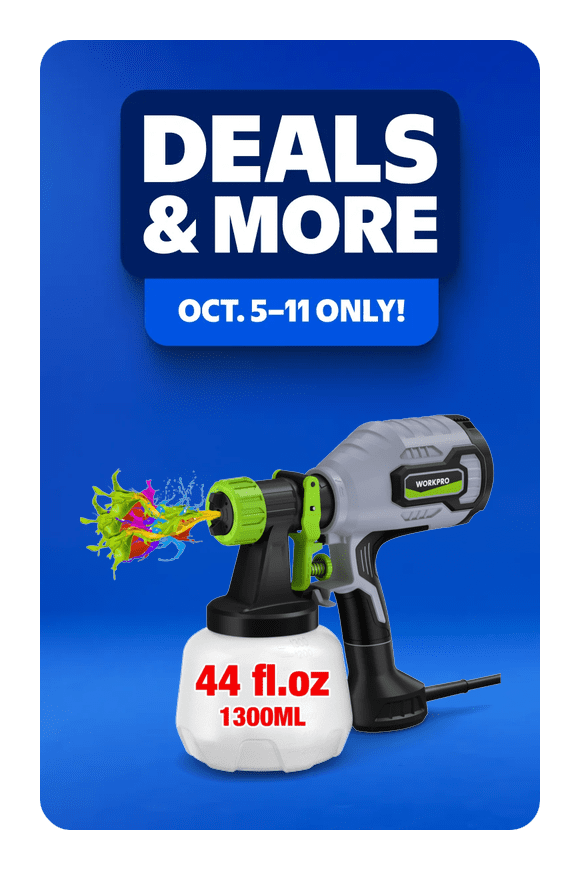 Image shows WORKPRO Paint Sprayer, 600W HVLP Spray Gun with 4 Nozzles, 3 Spray Patterns, Adjustable Flow, 44 Fl. Oz (1300 ml) Container, for Furniture
