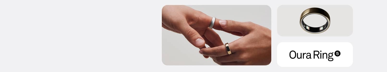 Oura Ring 5 logo. Two outstretched hands against a pale gray background. One is wearing a silver Oura ring. The other is wearing a gold Oura ring.