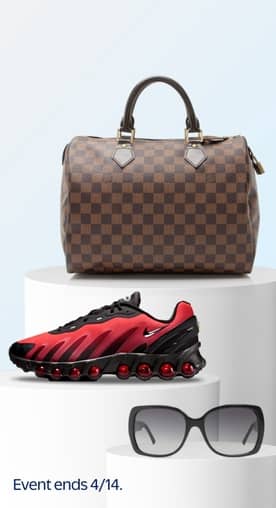 A Nike sneaker, a pair of Burberry sunglasses, and a Louis Vuitton bag are on white risers. Event ends April fourteenth.