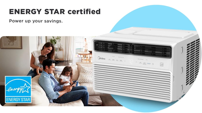 Energy Star logo next to a Midea Energy Star certified in wall air conditioner unit. Another frame shows a family of three sitting comfortably.