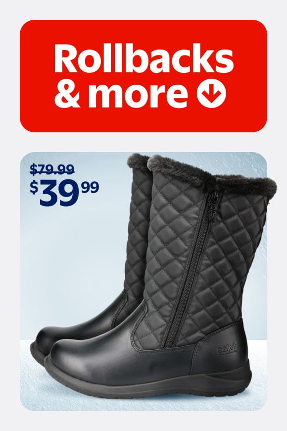 Rollbacks and more. A pair of black calf length boots. Was seventy nine ninety nine. Now thirty nine niney nine.