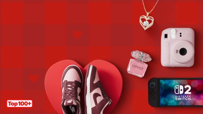 Nike, necklace, Nintendo Switch, Versace fragrance, camera. Lockup reads: top one hundred plus.