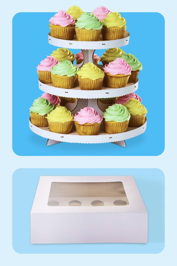 Cake stand with numerous cupcakes with frosting and empty white cakebox shown.