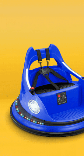 Image shows a blue Neche twelve-volt bumper car with LED lights on a yellow background.